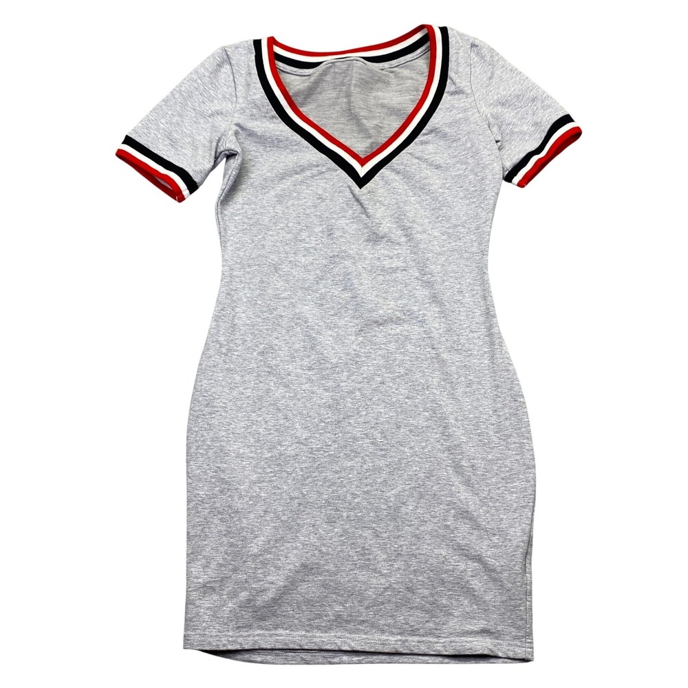 Gray V-Neck Striped Trim Bodycon Mini Dress Short Sleeve Sporty Size S - Picture 1 of 9